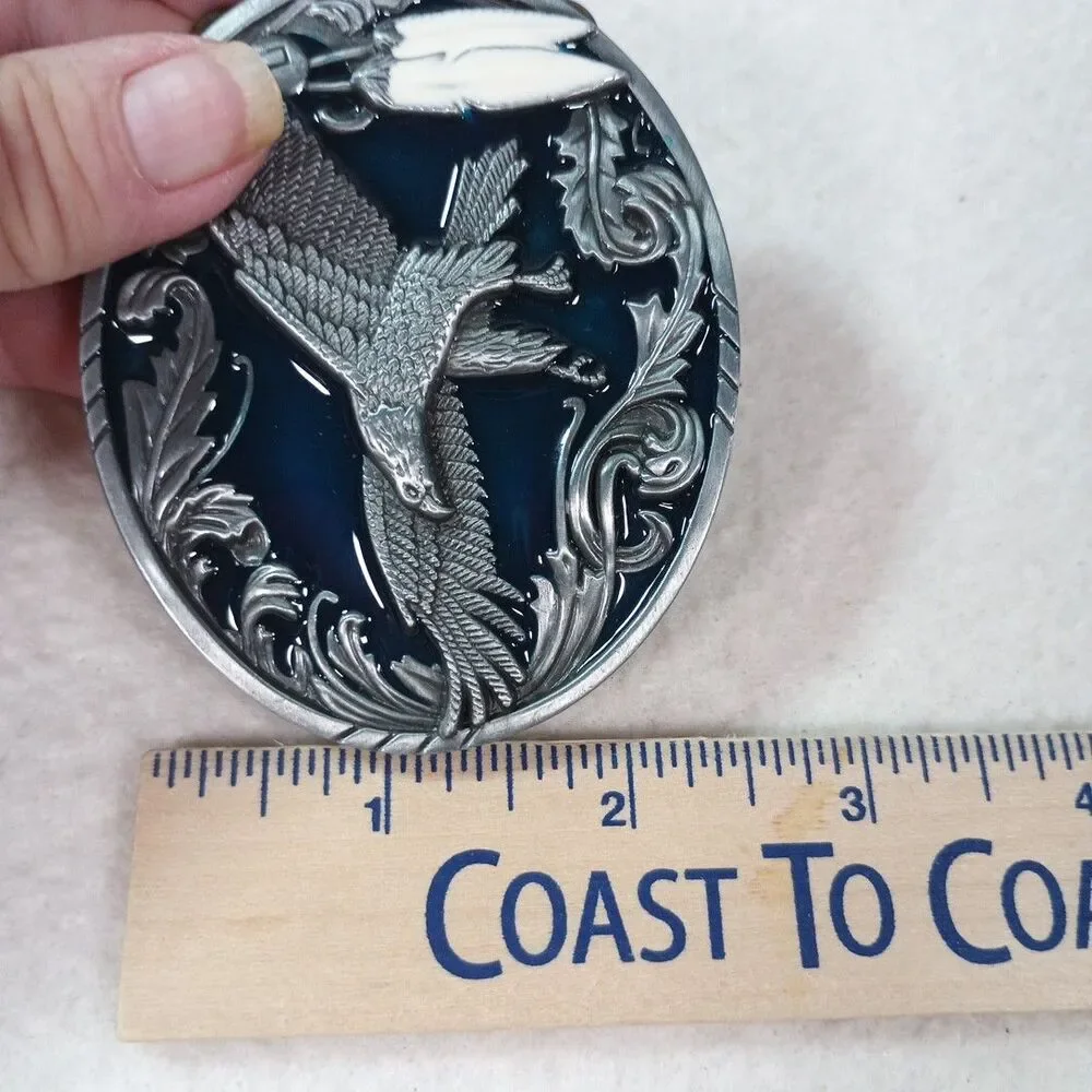 Vintage 90s Flying Eagle Belt Buckle Blue Enamel Western Native Style